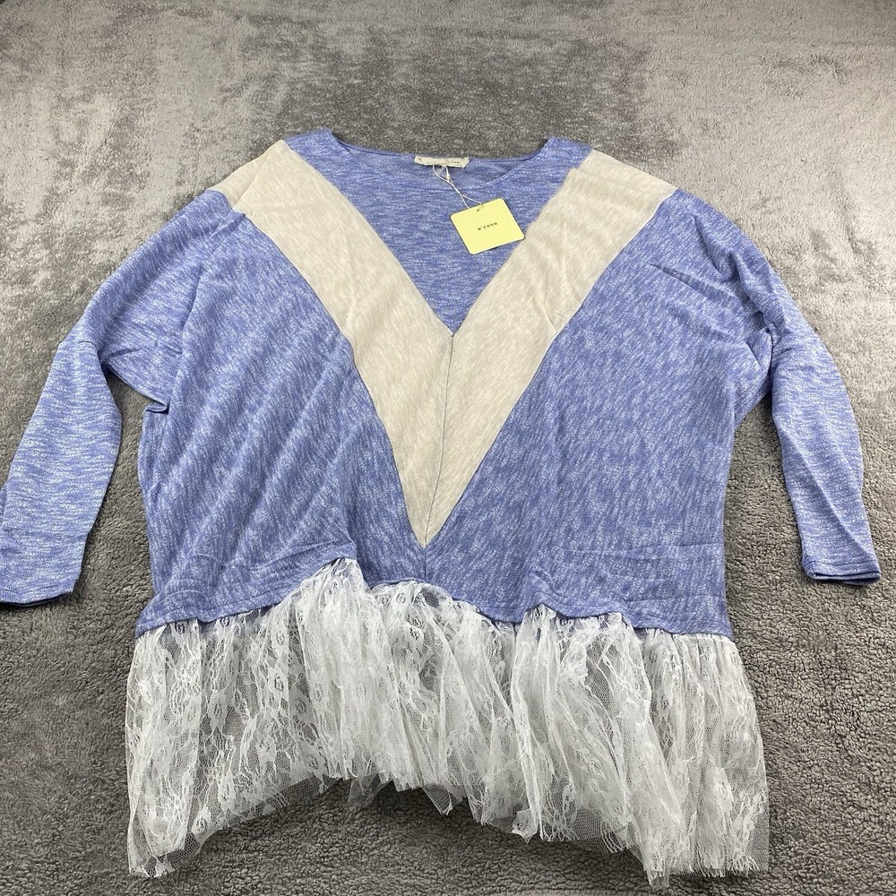 Areve Chevron Long Sleeve T Shirt Ruffle Lace Hem Womens Large Pullover Top NWT